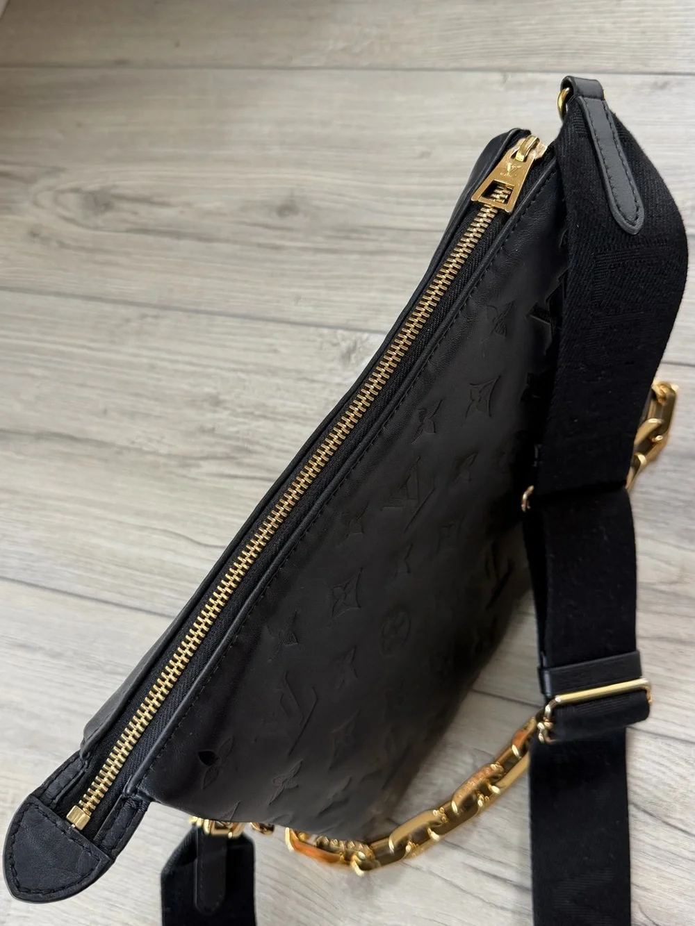 Louis Vuitton Black Monogram Embossed Crossbody with Gold Chain Strap